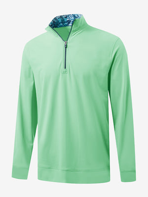 3D front view of the lightweight golf quarter zip pullover in light green, clean and athletic design.