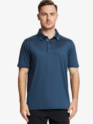 Front half-body view of male model in the Blue Everyday Classic Solid Polo, standing still