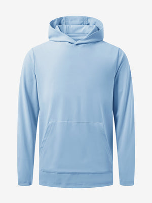 3D front view of the dry fit stretchy sweatshirts hoodie in light blue, sleek and flexible design.
