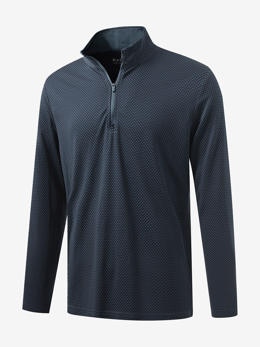 Front 3D view of jacquard quarter zip pullover in grey/navy, showing its textured fabric design.