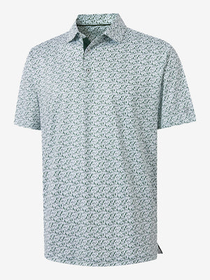 3D render of the green forest 4 way stretch print collared polo shirt, displaying the garment structure and design clearly