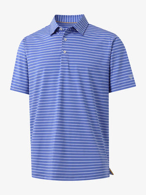 3D view of BLUISH BLUE/WHITE STRIPE Polo highlighting textured striped fabric