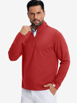 Model front upper body wearing Fleece lined golf quarter zip with sleek red look