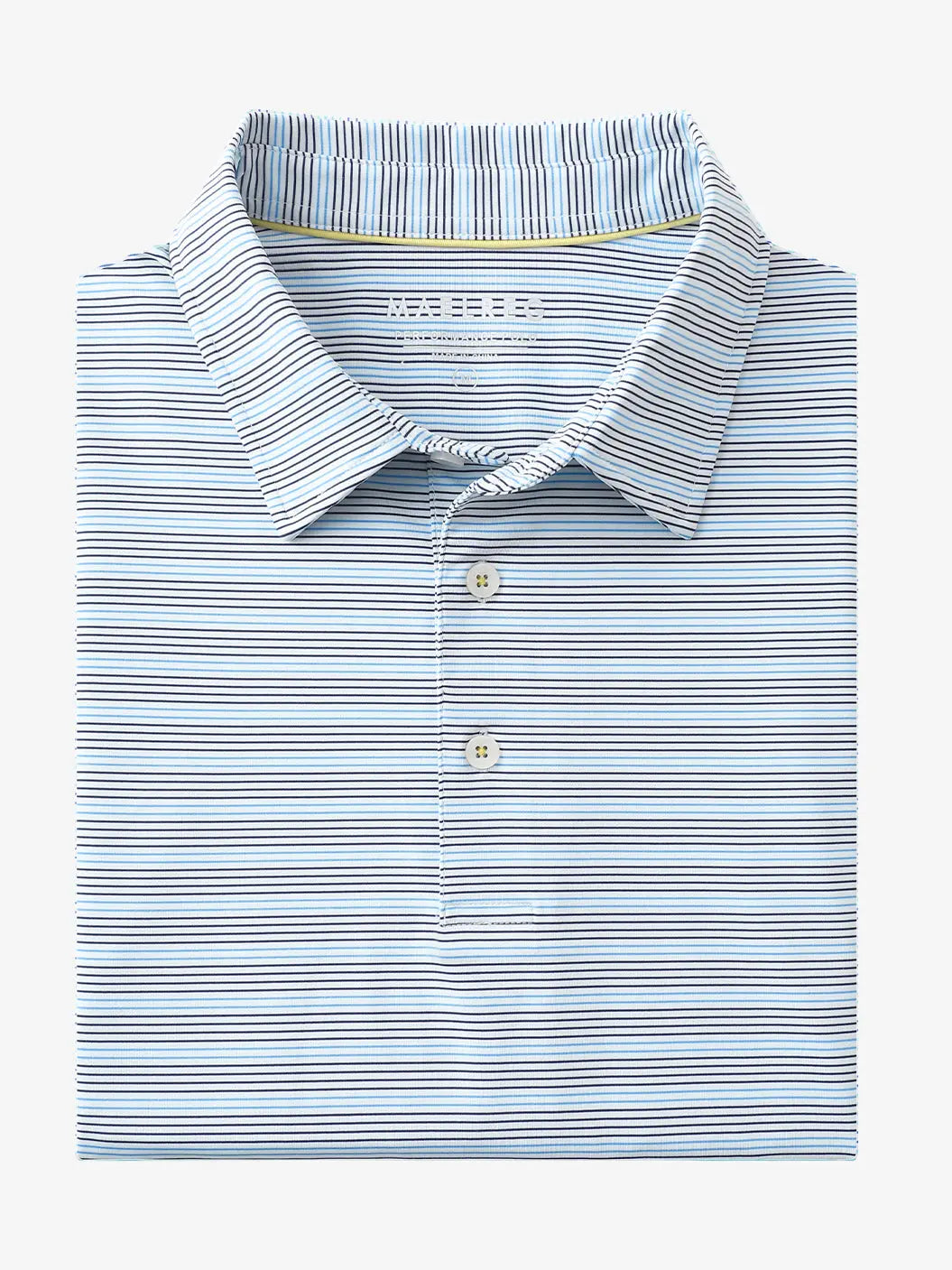 Folded Navy Blue Stripe Performance Stripe Golf Shirt displayed flat