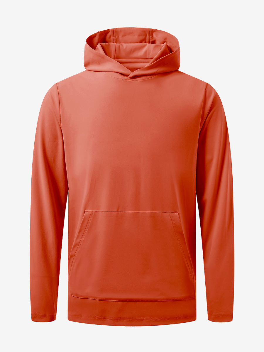 3D front view of the dry fit stretchy sweatshirts hoodie in orange, sleek and flexible design.