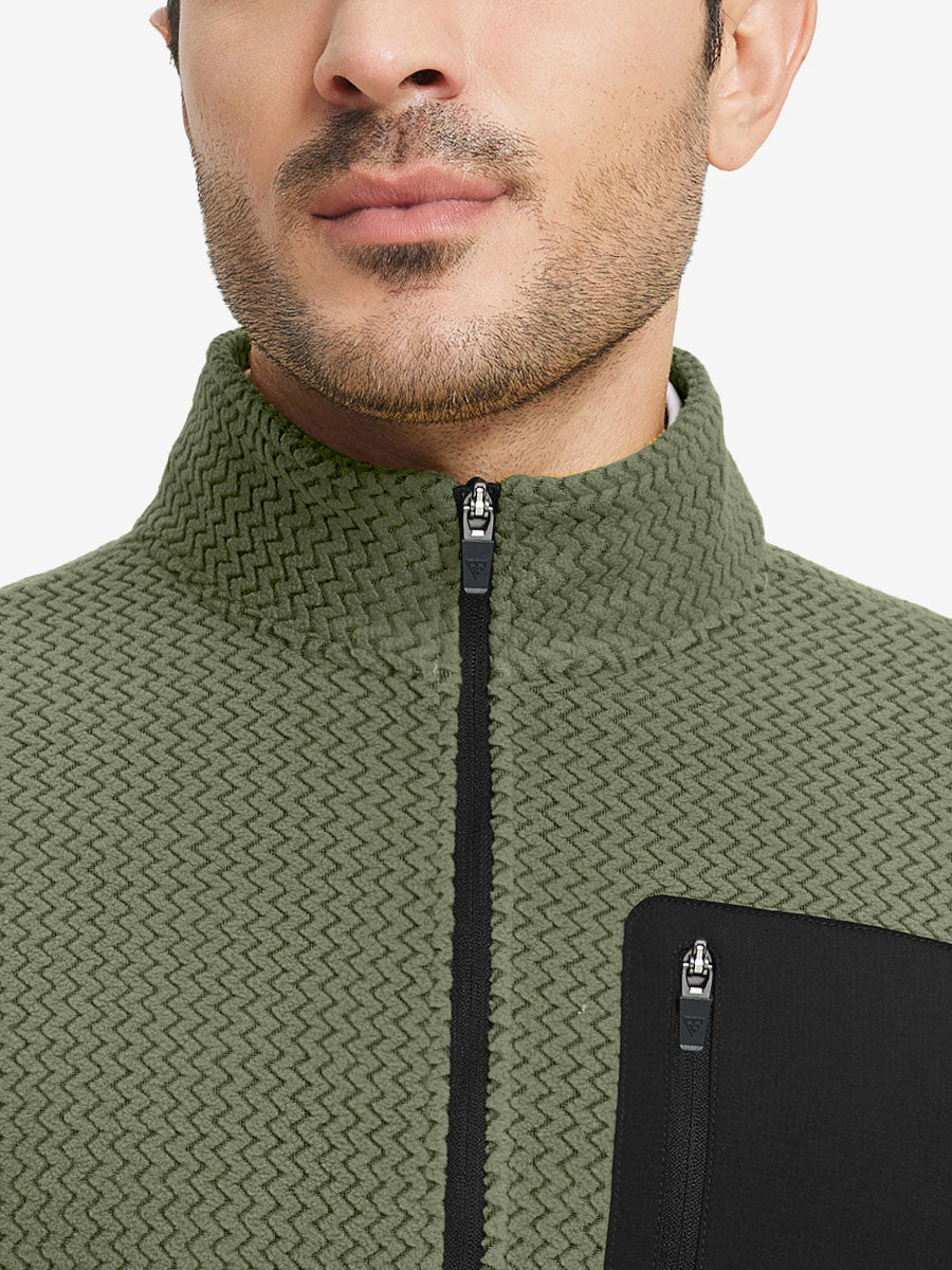 Close-up from nose to chest, showing collar detail of midweight warm stretchy quarter zip pullover in green.