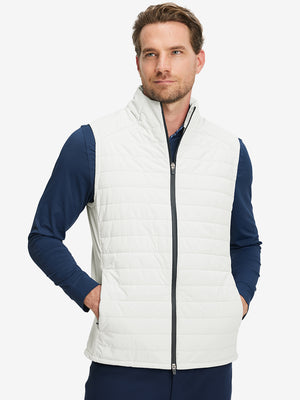 Model wearing Lightweight Water Resistant Puffer Vest in white, upper body front view