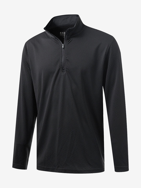 Front 3D view of jacquard quarter zip pullover in dark grey/black, showing its textured fabric design.