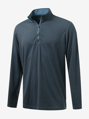 Front 3D view of jacquard quarter zip pullover in black/blue, showing its textured fabric design.