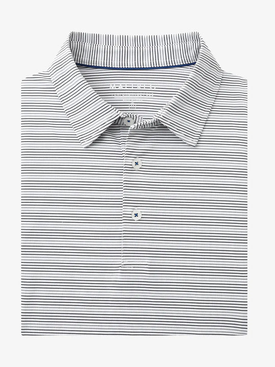 Folded Dark Grey Neutral Grey Performance Stripe Golf Shirt shown flat