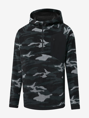 3D front view of the Quarter Zip Polar Fleece Sweatshirt in Black Camo, simple and athletic look.