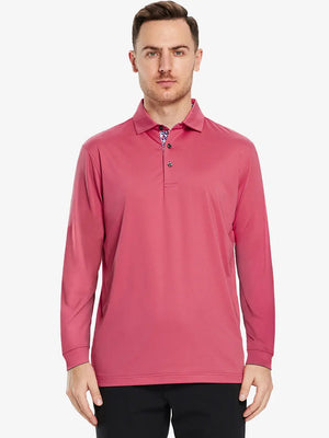 Front half-body view of model wearing CRANBERRY Long Sleeve Solid Jersey Polo