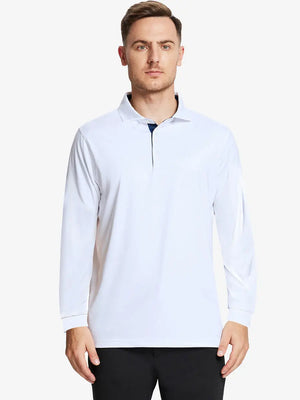 Front half-body view of model wearing WHITE Long Sleeve Solid Jersey Polo