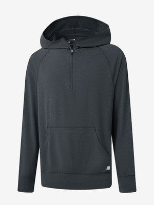 3D front view of the Quarter Zip Hoodie with Kangaroo Pocket in Dark Grey Heather, athletic casual style.