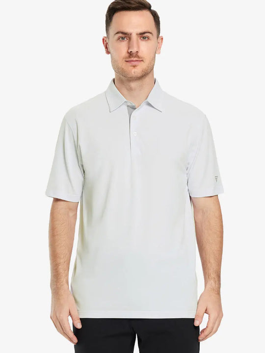 Half-body front pose with golf club in CREAM Ventilated Pique Performance Polo