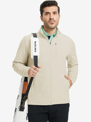 Model wearing light khaki lightweight casual fleece jacket with 5 pockets, hand in pocket, tennis bag