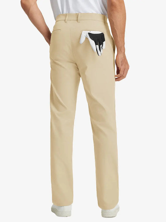 Rear lower leg view of Water Repellent 8 Pockets Pants in LIGHT KHAKI，showing fabric texture and fit.