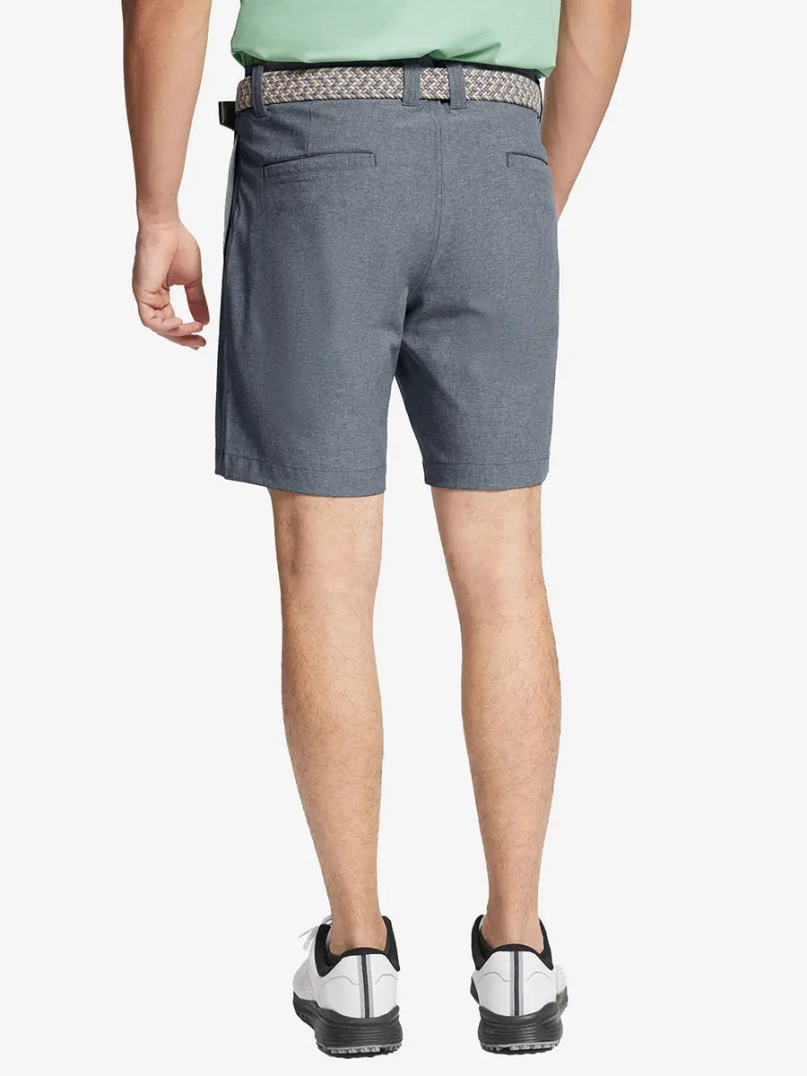 NAVY 7 Inch Heather Performance Golf Shorts back view, model's lower body with hands in pockets