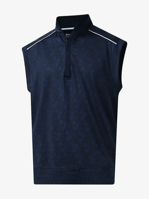 3D view of NAVY GEO Stretch Solid Fleece Quarter-Zip Vest showing fit and texture.								
