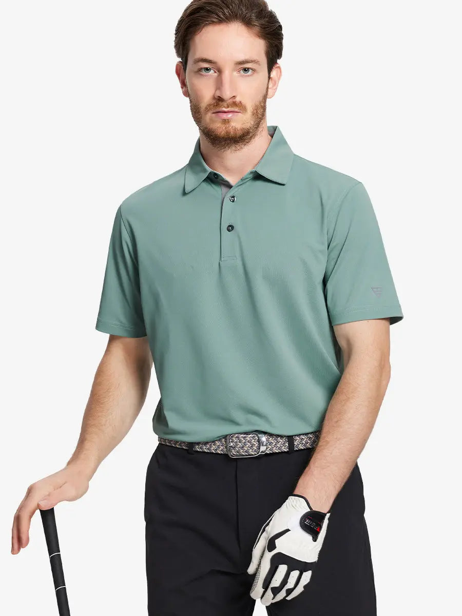 Half-body front pose with golf club in BERYL GREEN Ventilated Pique Performance Polo
