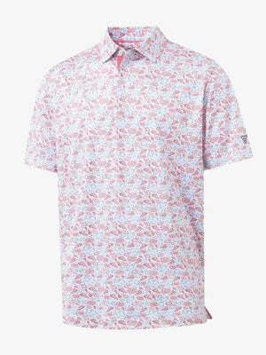 3D view showcasing the fun print on WHITE PIZZA Performance Print Boys Golf Polo