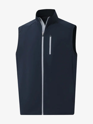 3D view of the navy windproof golf vest, showcasing its clean design and practical zippered pockets.