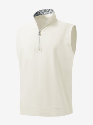 3D front view of the print collar quarter zip golf vest in cream, sleek and sporty design.