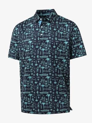 3D display of NAVY OCEAN BEACH polo showing ocean-inspired pattern and structure