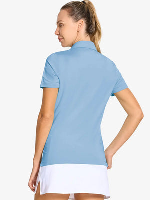 Back-side half-body shot of model in SKY BLUE Women's Performance Solid Polo, looking over shoulder