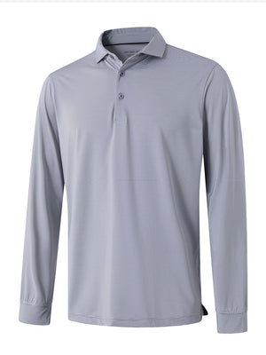 Front 3D view of Long sleeve pinstripe jersey polo in navy stripe with sharp stripe pattern