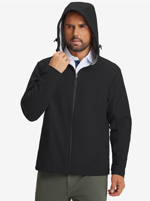 Model wearing water-resistant heat-tech softshell winter jacket with hood, black, front upper-body.