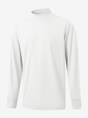 3D front display of Men’s Long Sleeve Mock Turtleneck Shirt in White, clean and modern fit.