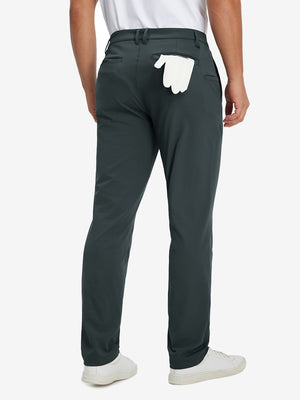 Back view of soft lightweight casual golf pants with 5 pockets, clean fit and structure in dark grey.