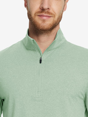 Model front half-body view pulling zipper slightly on quarter zip melange pullover beryl green melange.