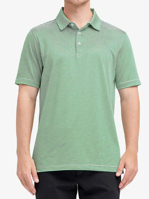 Half-body front shot of model wearing EMERALD STRIPE Cooling Stripe Golf Shirt, illustrating casual athletic fit
