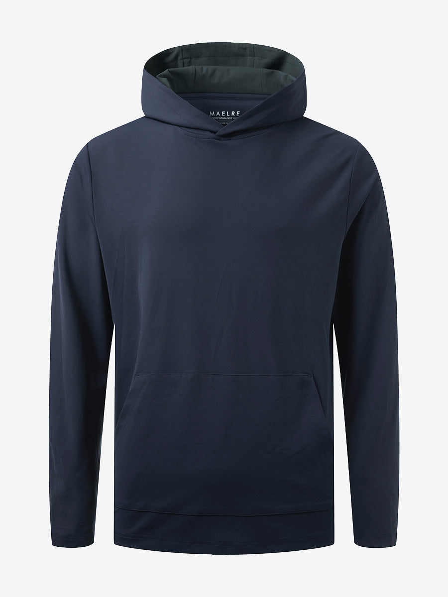 3D front view of the dry fit stretchy sweatshirts hoodie in navy, sleek and flexible design.