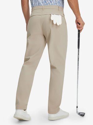 Model holding a golf club with one hand, back lower body shot wearing light khaki thermal water repellent fleece dress pants