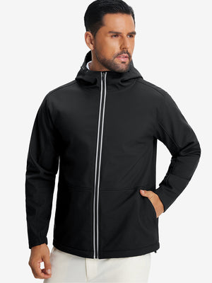 Model wearing reflective hooded softshell jacket, black, front upper-body with a sleek fit.