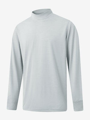 3D front display of Men’s Long Sleeve Mock Turtleneck Shirt in Light Grey Heather, clean and modern fit.