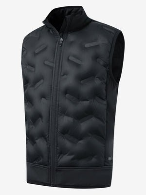 Boys full-zip fleece-lined puffer vest in black, front 3D view highlighting clean structure and fabric