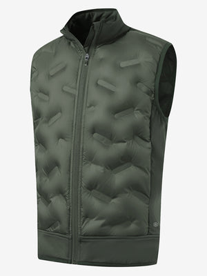 Boys full-zip fleece-lined puffer vest in army green, front 3D view highlighting clean structure and fabric