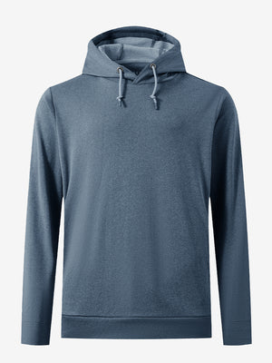 3D front view of the classic heather pullover hoodie in navy melange, simple and relaxed athletic fit.