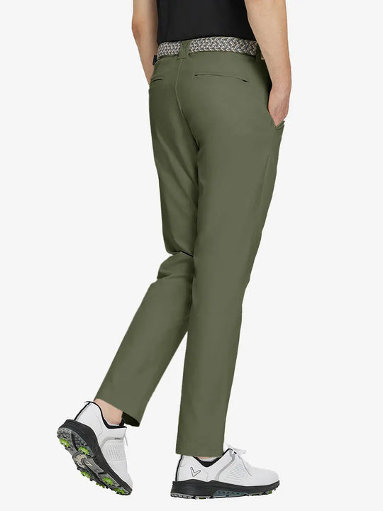 OLIVE GREEN Water Resistant Everyday Pants back view, model's lower body with both hands in pockets