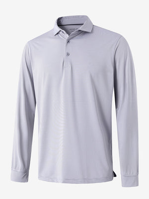Front 3D view of Long sleeve pinstripe jersey polo in grey white stripe with sharp stripe pattern