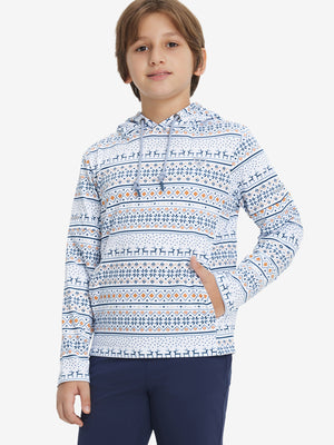 Model front upper body with one hand in pocket, stylish youth full print hoodies pullover in christmas snowflake.