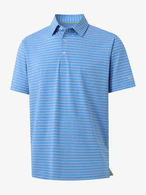3D product view of SKY BLUE/PINK STRIPE Youth Performance Golf Polo showing design and fit.