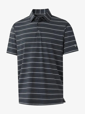 Front 3D view of trendy boys stripe polo shirts, clean structure and modern dark grey stripe look