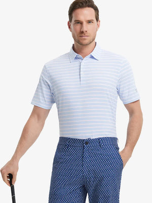 Model in Blue Pink Stripe Performance Stripe Golf Shirt – front half-body pose