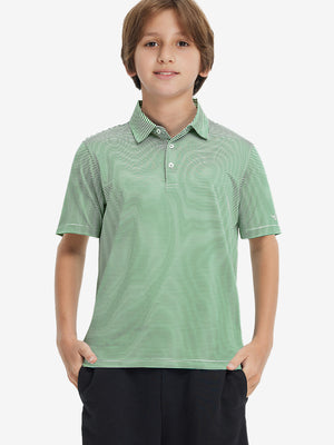 Front upper view of Kids stripe golf polos showing crisp stripes in emerald stripe