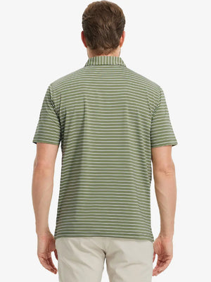 Back half-body view of LIGHT GREEN/WHITE STRIPE Polo, natural and athletic